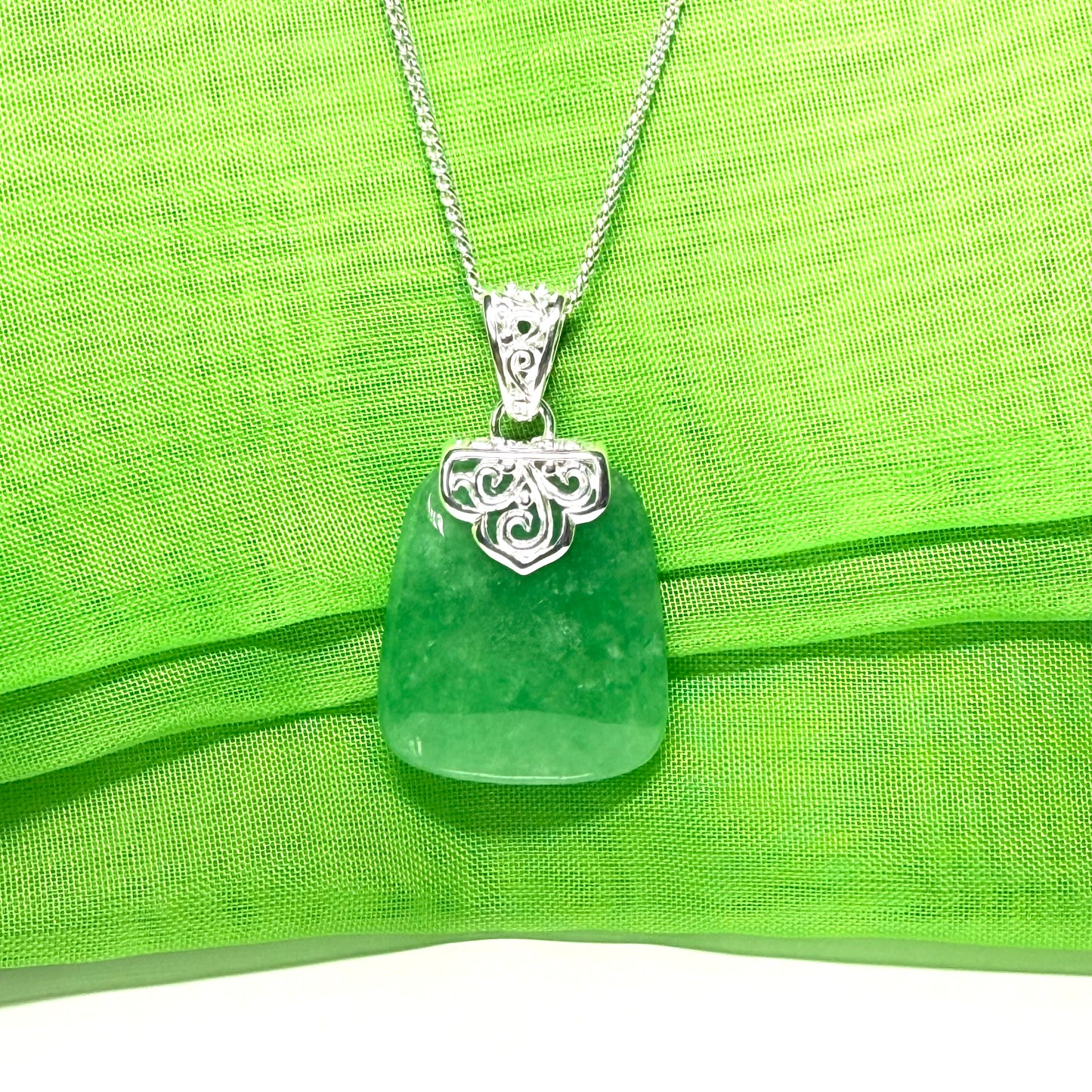 Pendant with a real dark green jade stone, large cushion shaped necklace
