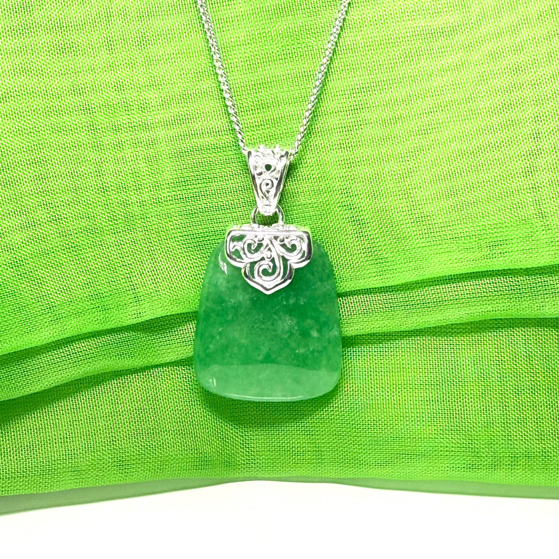 Pendant with a real dark green jade stone, large cushion shaped necklace