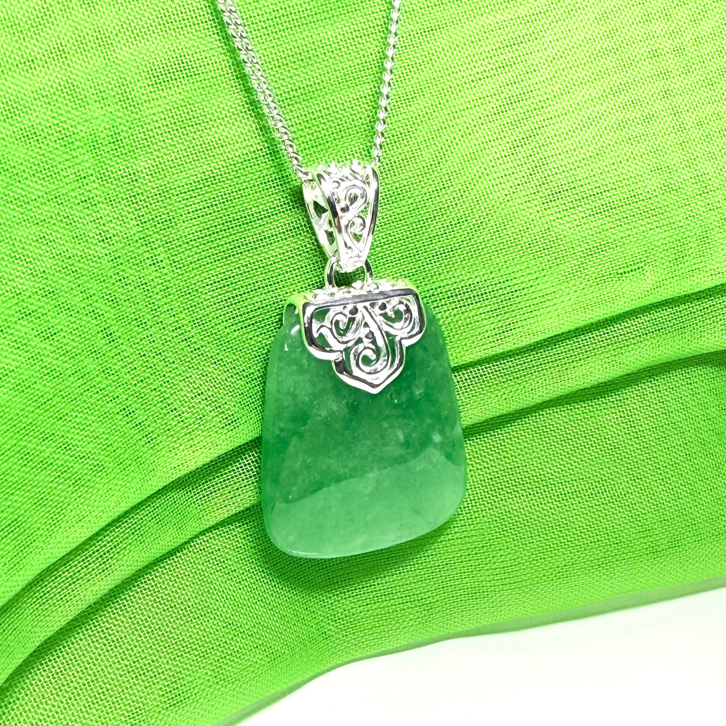 Pendant with a real dark green jade stone, large cushion shaped necklace