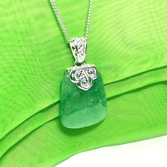 Pendant with a real dark green jade stone, large cushion shaped necklace