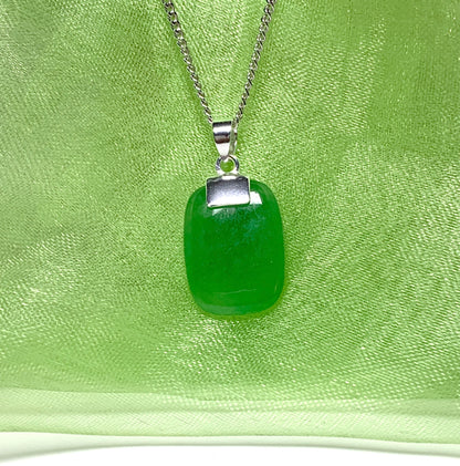 Drop pendant necklace with a real green jade sterling silver cushion shaped