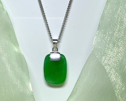 Drop pendant necklace with a real green jade sterling silver cushion shaped