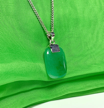 Pendant necklace having a real green jade stone sterling silver cushion shaped