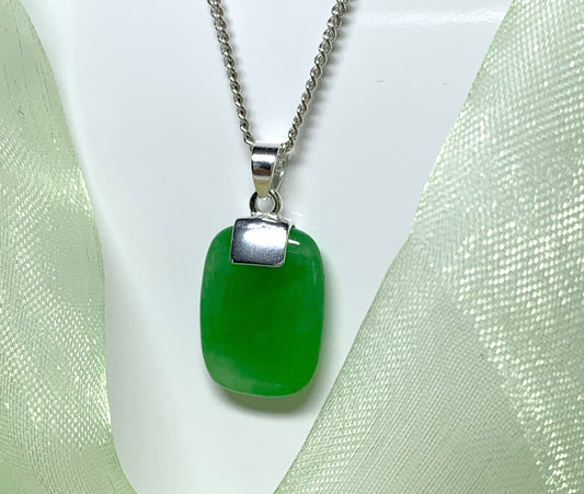 Drop pendant necklace with a real green jade sterling silver cushion shaped