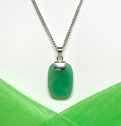 Pendant necklace having a real green jade stone sterling silver cushion shape