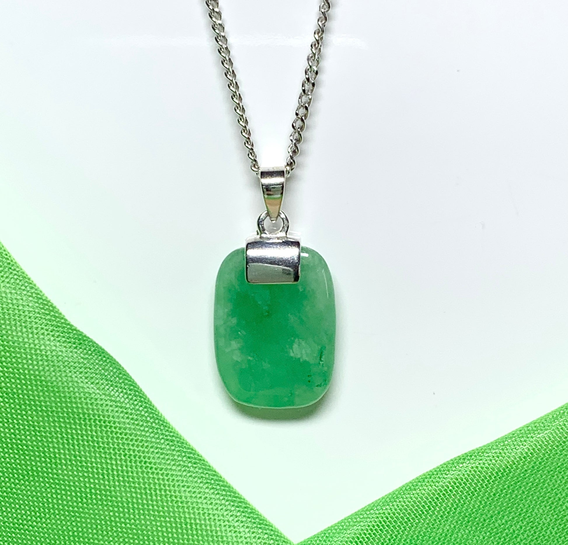 Pendant necklace with a real green jade stone sterling silver cushion shaped