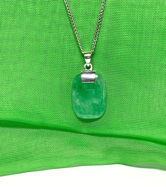 Pendant necklace with a real green jade stone sterling silver cushion shaped