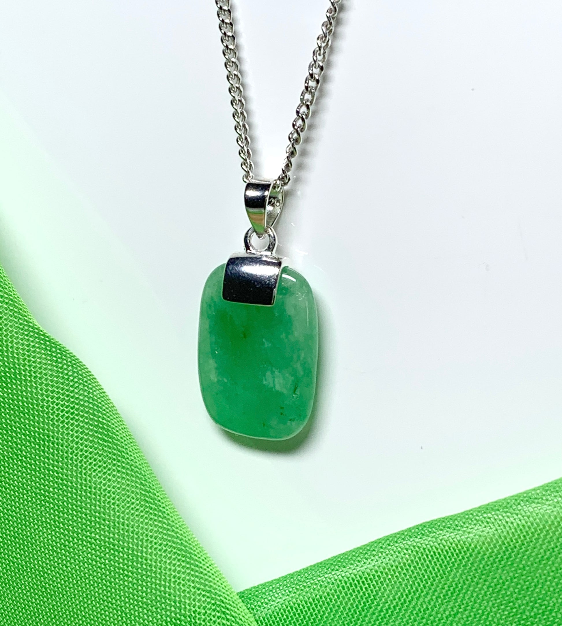 Pendant necklace with a real green jade stone sterling silver cushion shaped