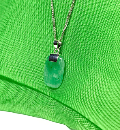 Pendant necklace with a real green jade stone sterling silver cushion shaped