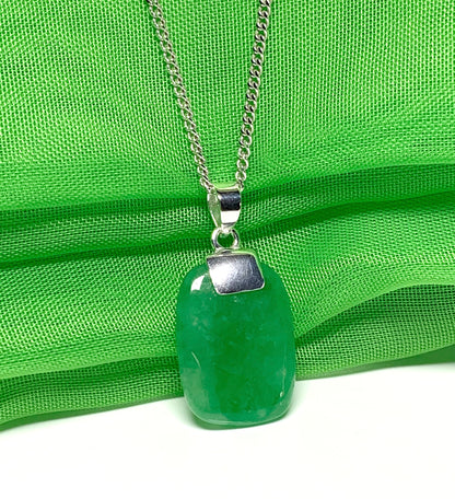 Pendant real cushion shaped green jade stone necklace sterling silver