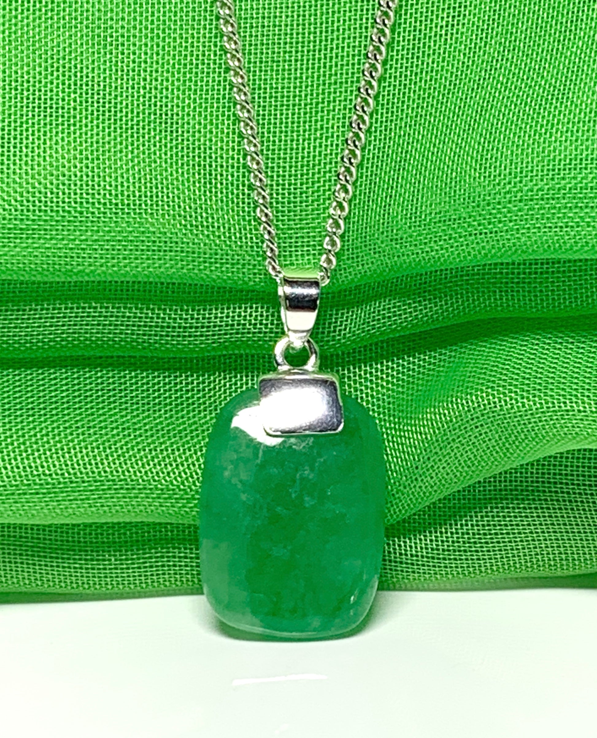Pendant real cushion shaped green jade stone necklace sterling silver