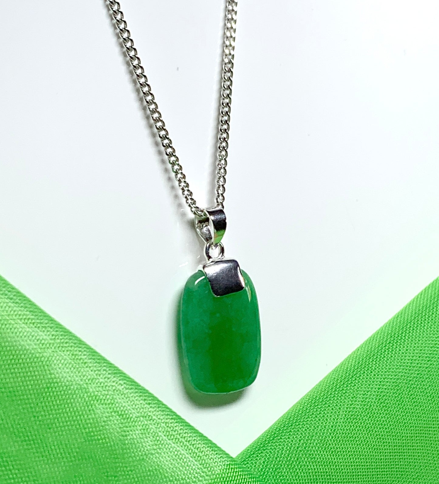 Pendant real cushion shaped green jade stone necklace sterling silver