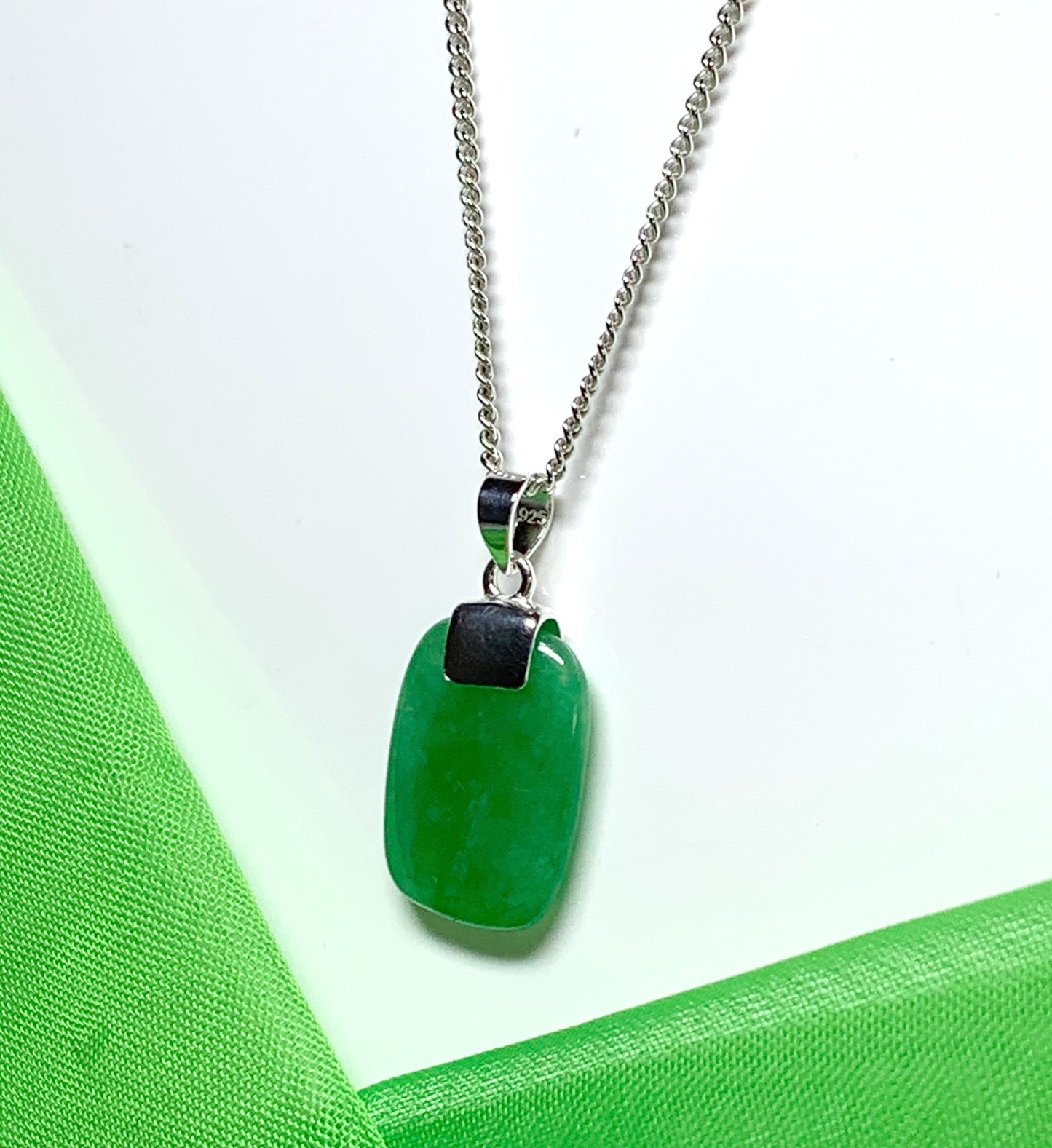 Pendant real cushion shaped green jade stone necklace sterling silver