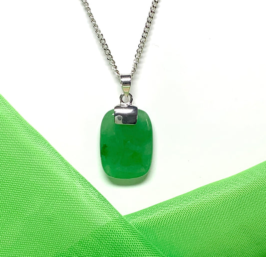Real green jade necklace cushion shaped stone sterling silver including chain
