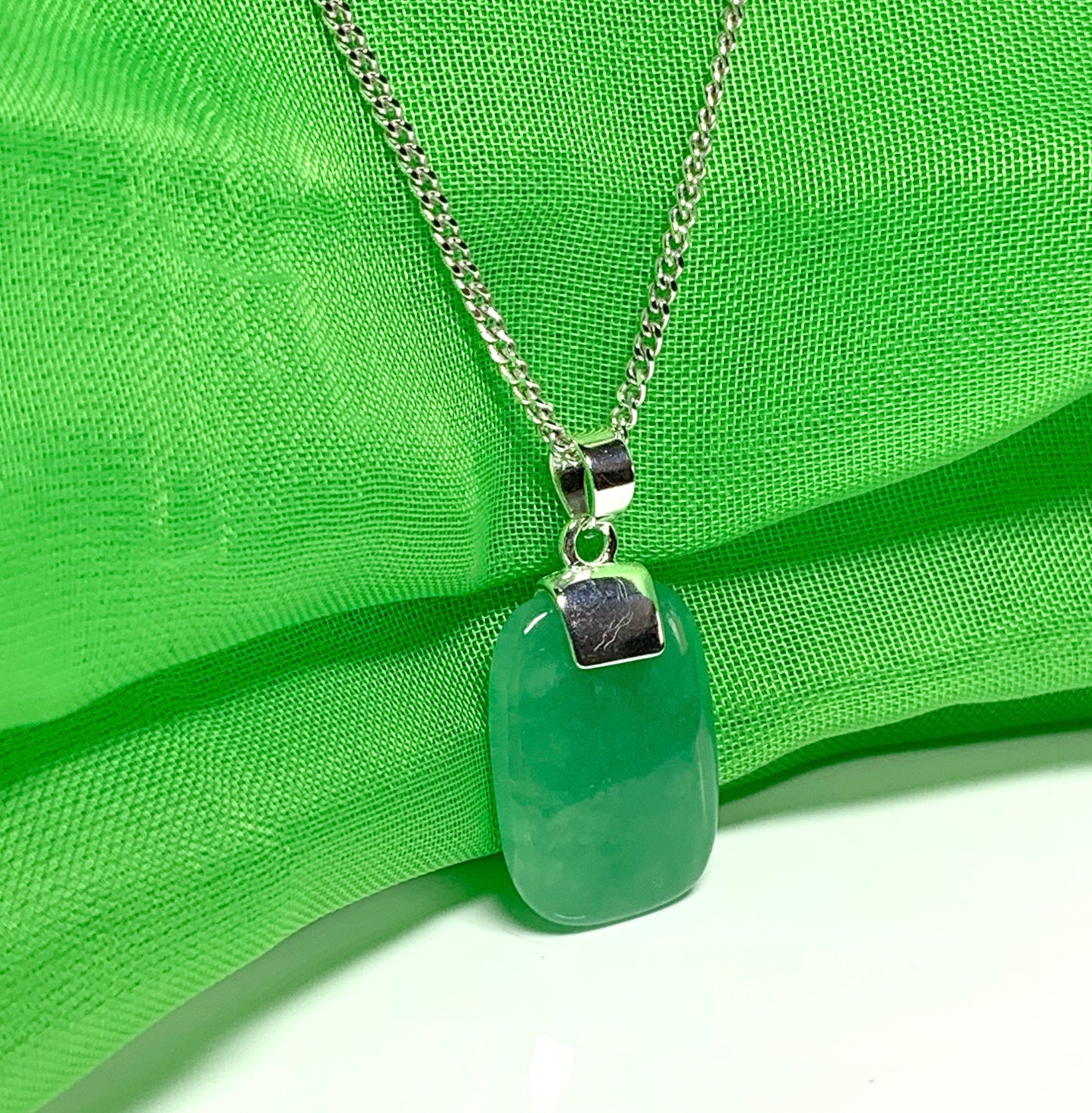 Pendant with real green jade sterling silver cushion shaped necklace