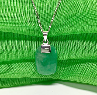 Pendant with a real green jade sterling silver cushion shaped necklace