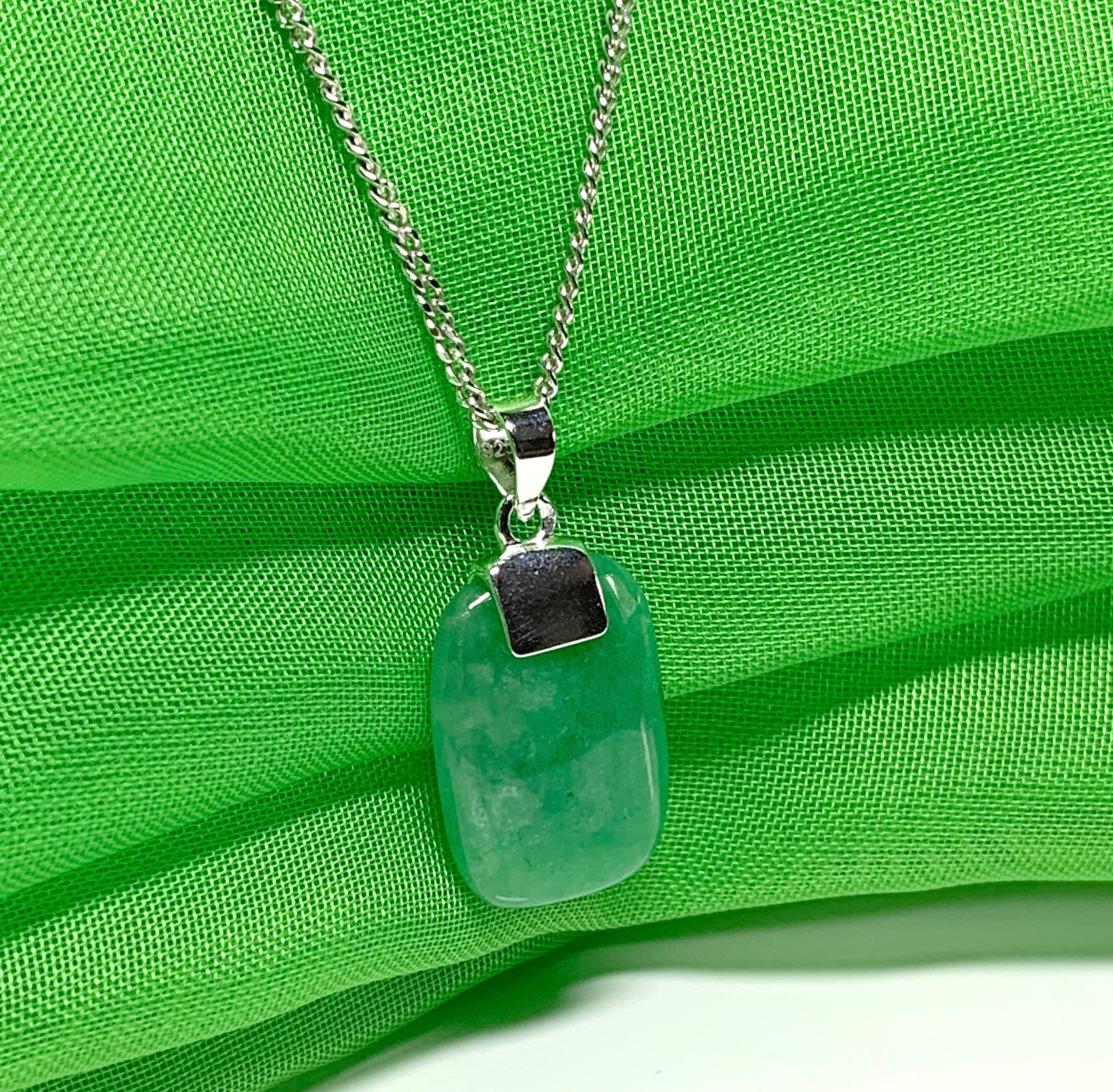 Pendant with a real green jade sterling silver cushion shaped necklace