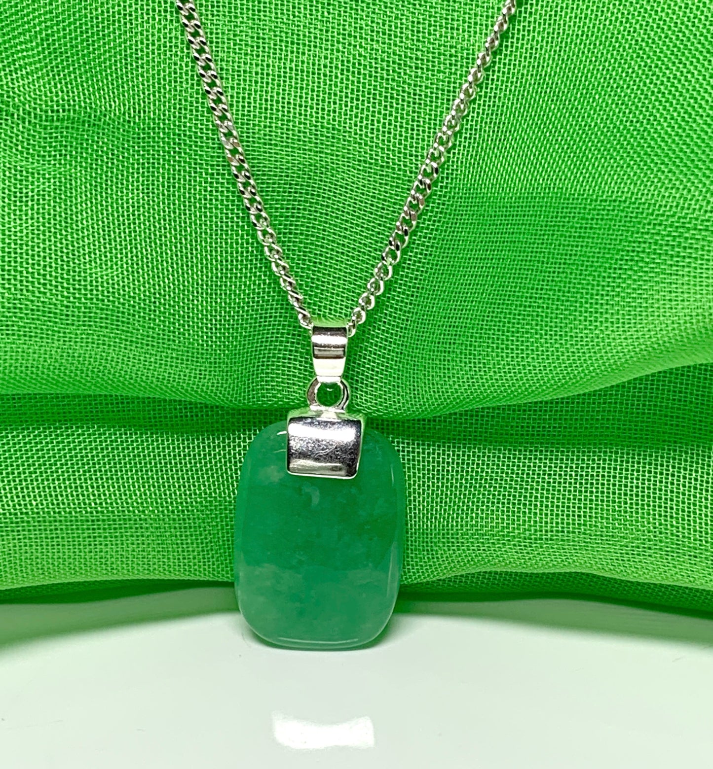 Pendant with real green jade sterling silver cushion shaped necklace