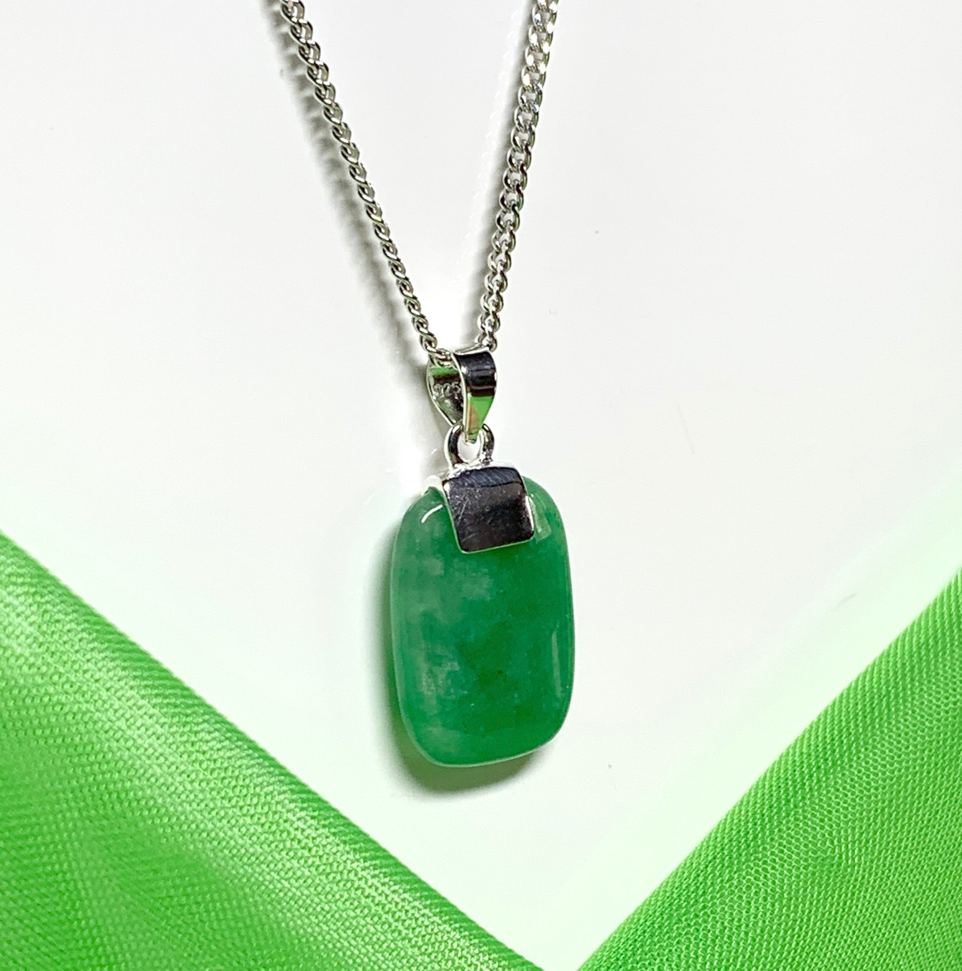 Pendant with a real green jade sterling silver cushion shaped necklace