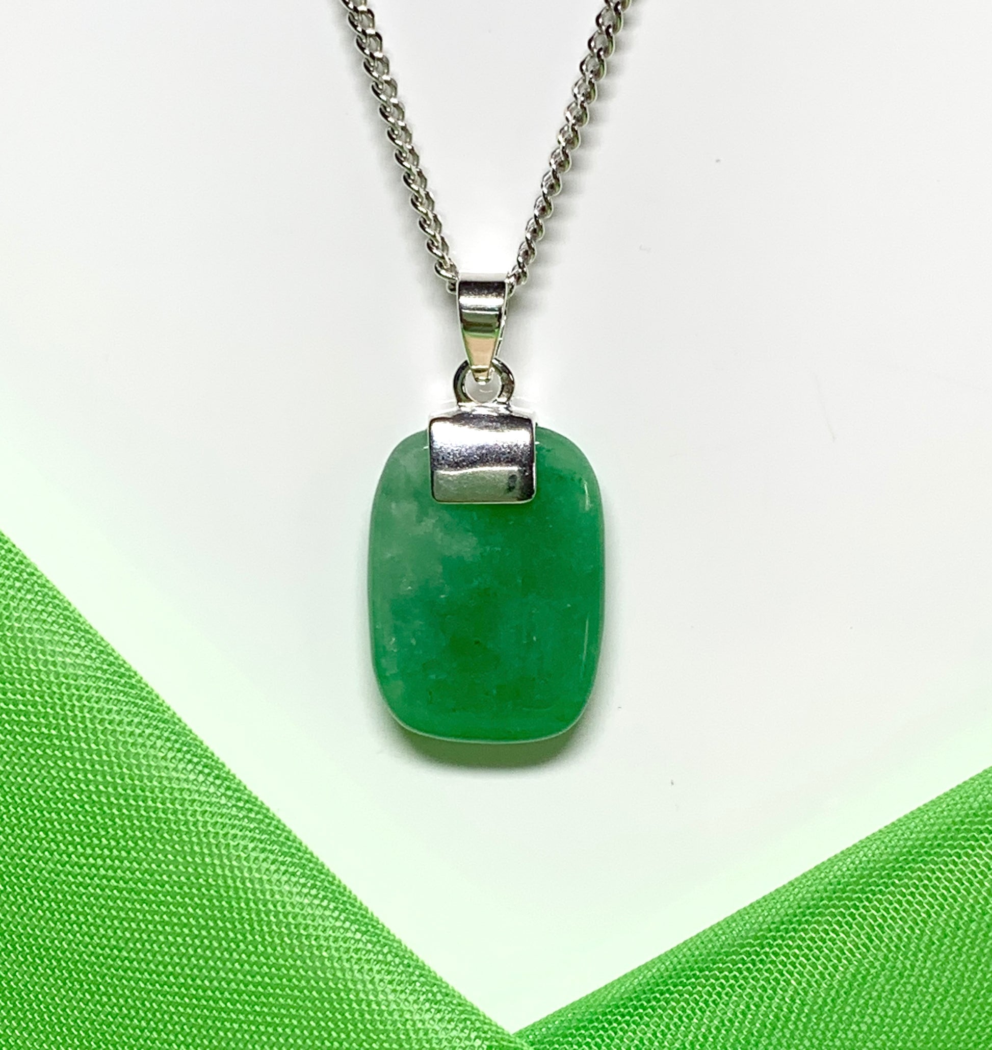 Pendant with a real green jade sterling silver cushion shaped necklace