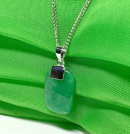 Pendant with a real green jade sterling silver cushion shaped necklace