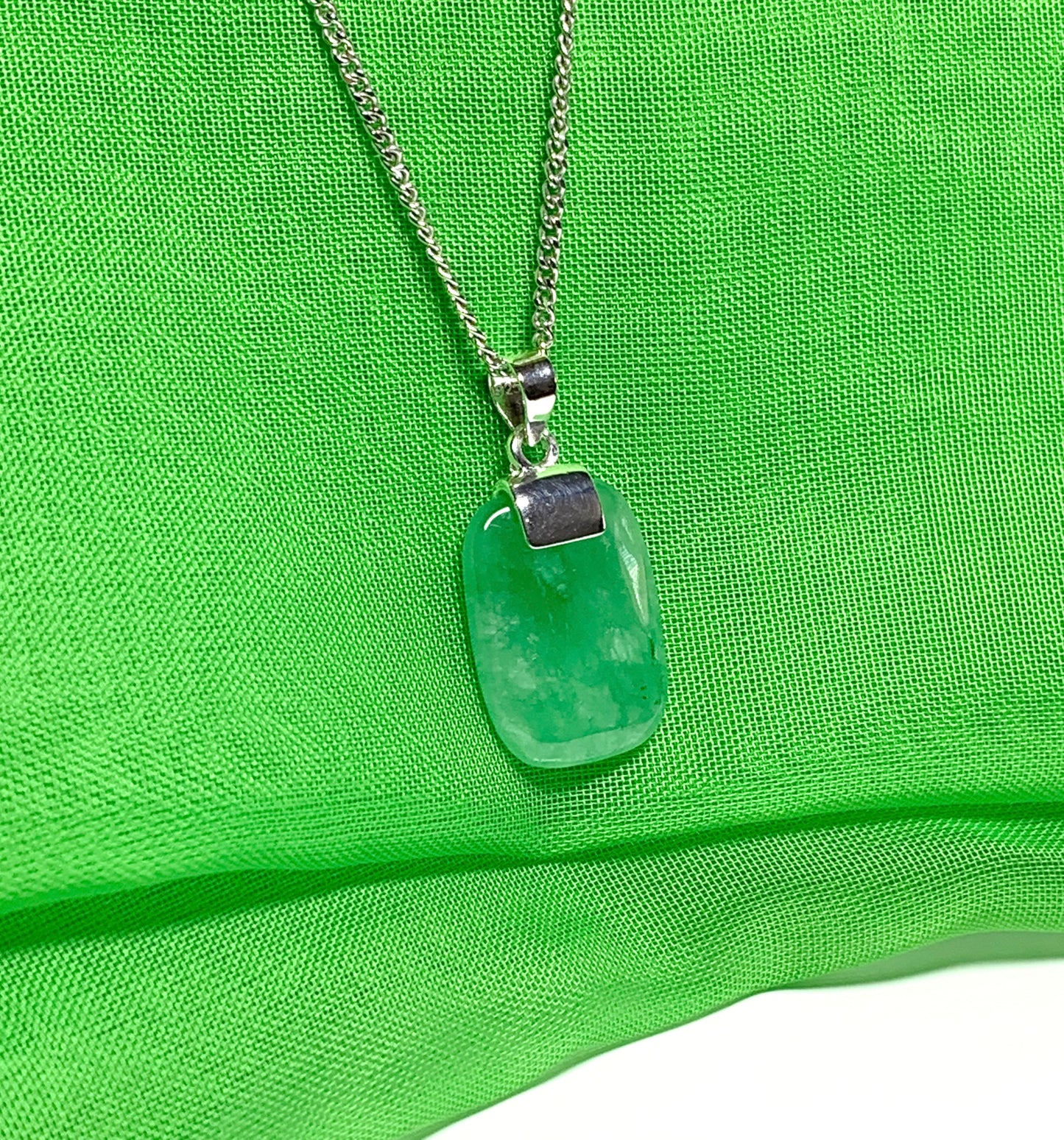 Pendant necklace with a real green jade stone sterling silver cushion shaped