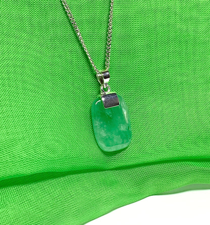 Pendant necklace with a real green jade stone sterling silver cushion shaped