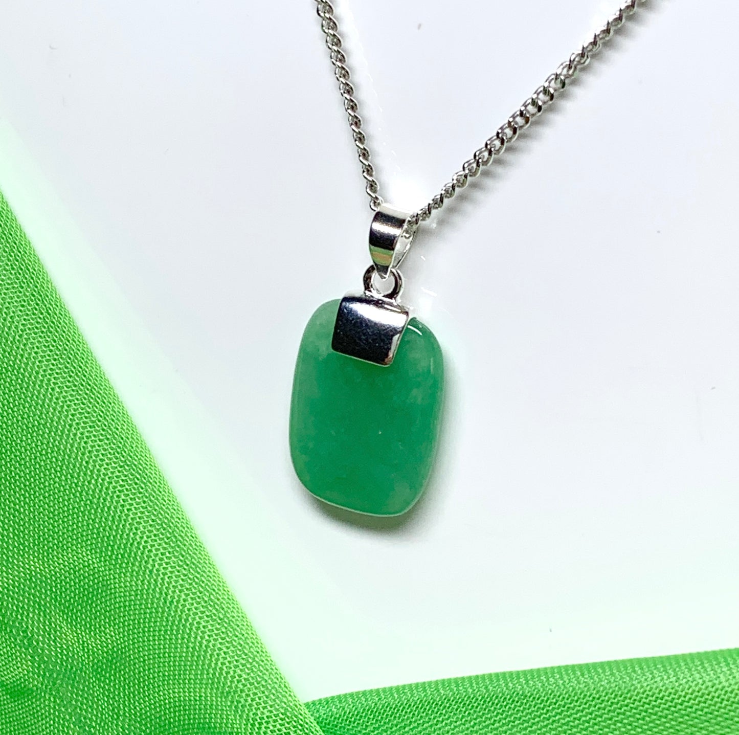 Pendant with real green jade sterling silver cushion shaped necklace