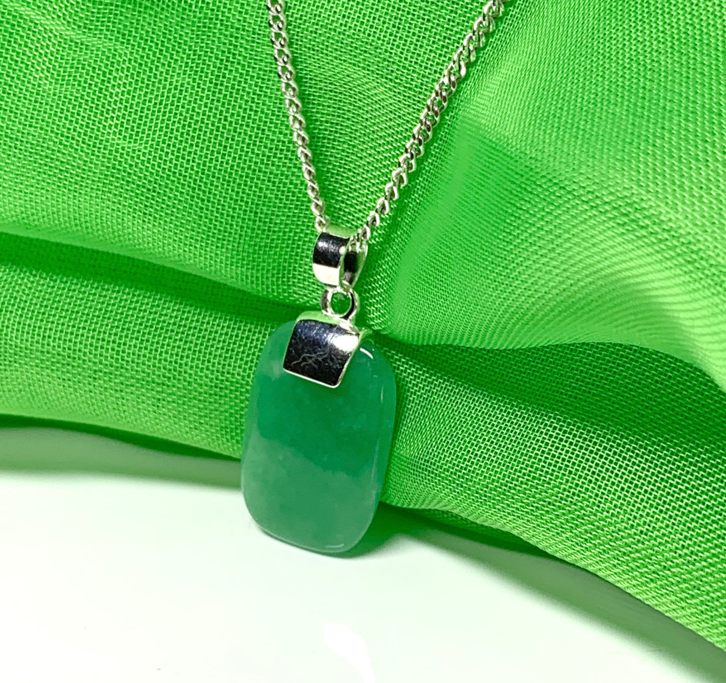 Pendant with real green jade sterling silver cushion shaped necklace