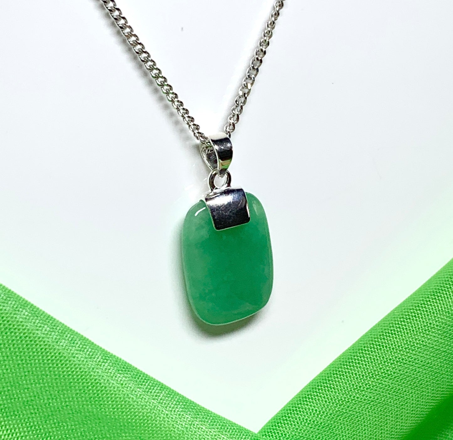 Pendant with real green jade sterling silver cushion shaped necklace