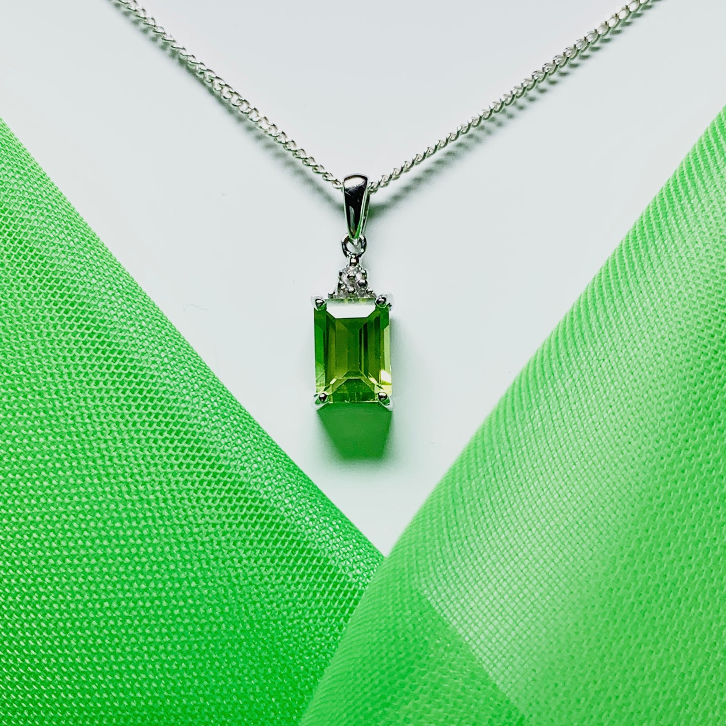 Peridot and diamond silver baguette necklace