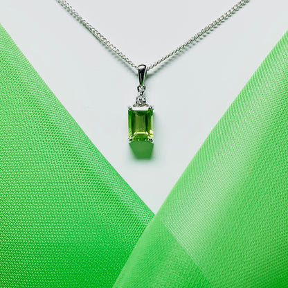 Peridot and diamond silver baguette necklace