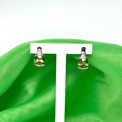 Peridot and diamond yellow gold cushion shaped earrings