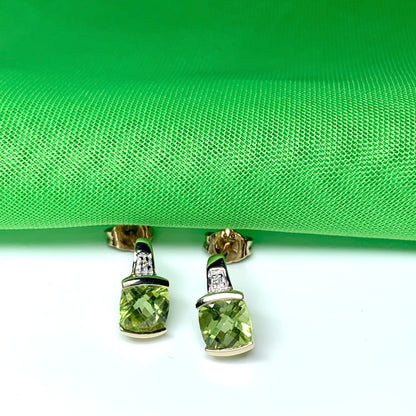 Peridot and diamond yellow gold cushion shaped earrings