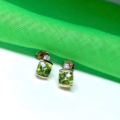 Peridot and diamond yellow gold cushion shaped earrings