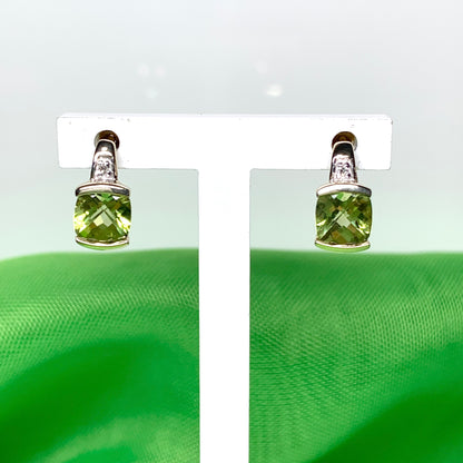 Peridot and diamond yellow gold cushion shaped earrings