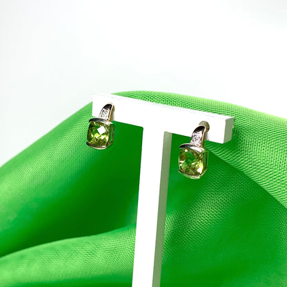 Peridot and diamond yellow gold cushion shaped earrings