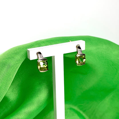 Peridot and diamond yellow gold cushion shaped earrings