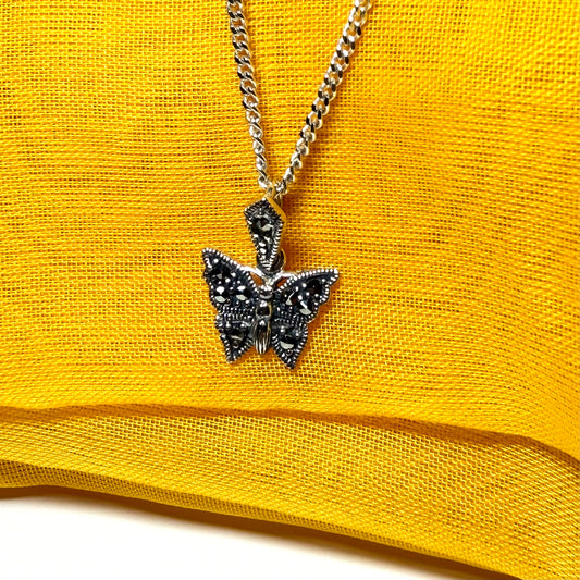 Small Real Marcasite Sterling Silver Butterfly Necklace Pendant