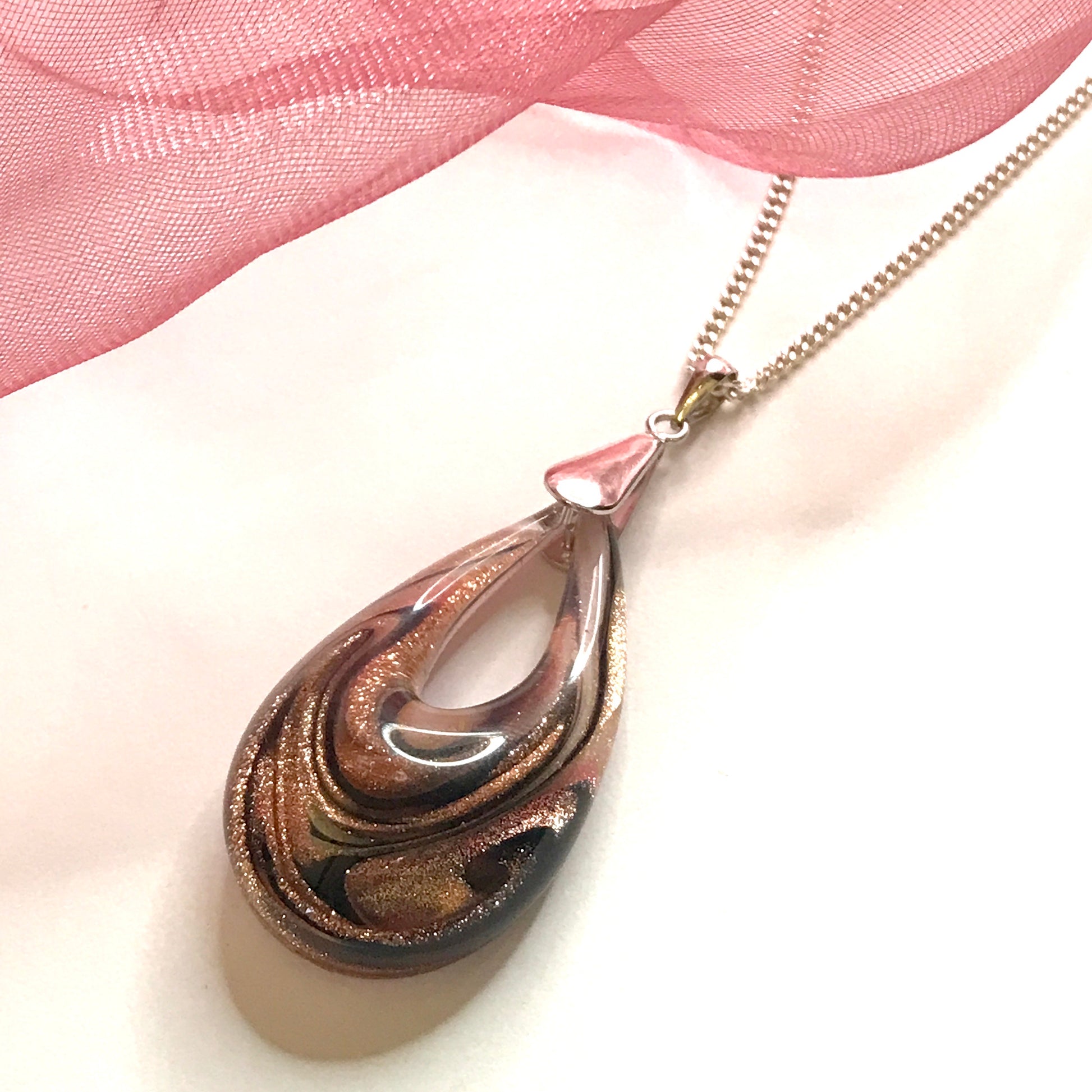 Pink & Copper Real Murano Glass Tear Drop Necklace