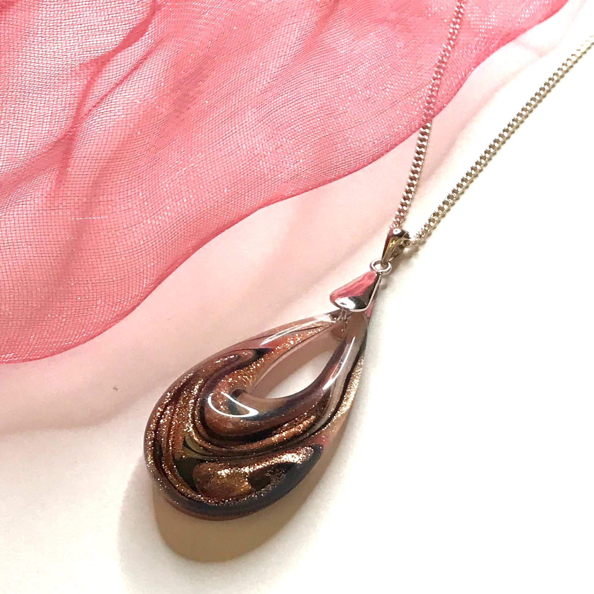 Pink & Copper Real Murano Glass Tear Drop Necklace with chain