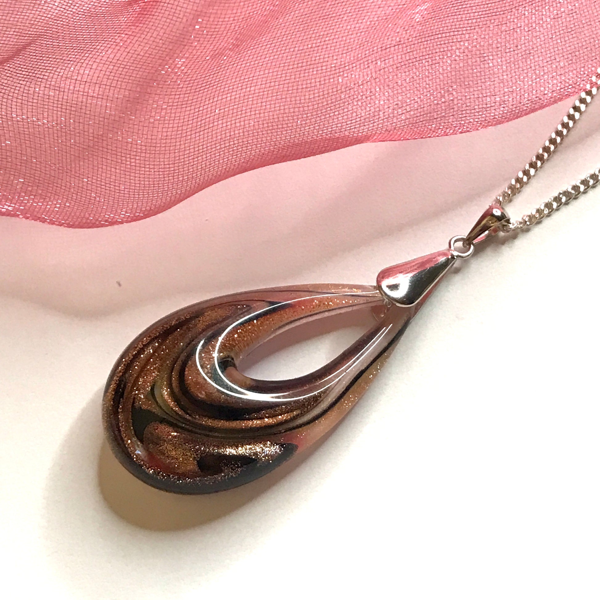 Pink & Copper Real Murano Glass Tear Drop Necklace with chain