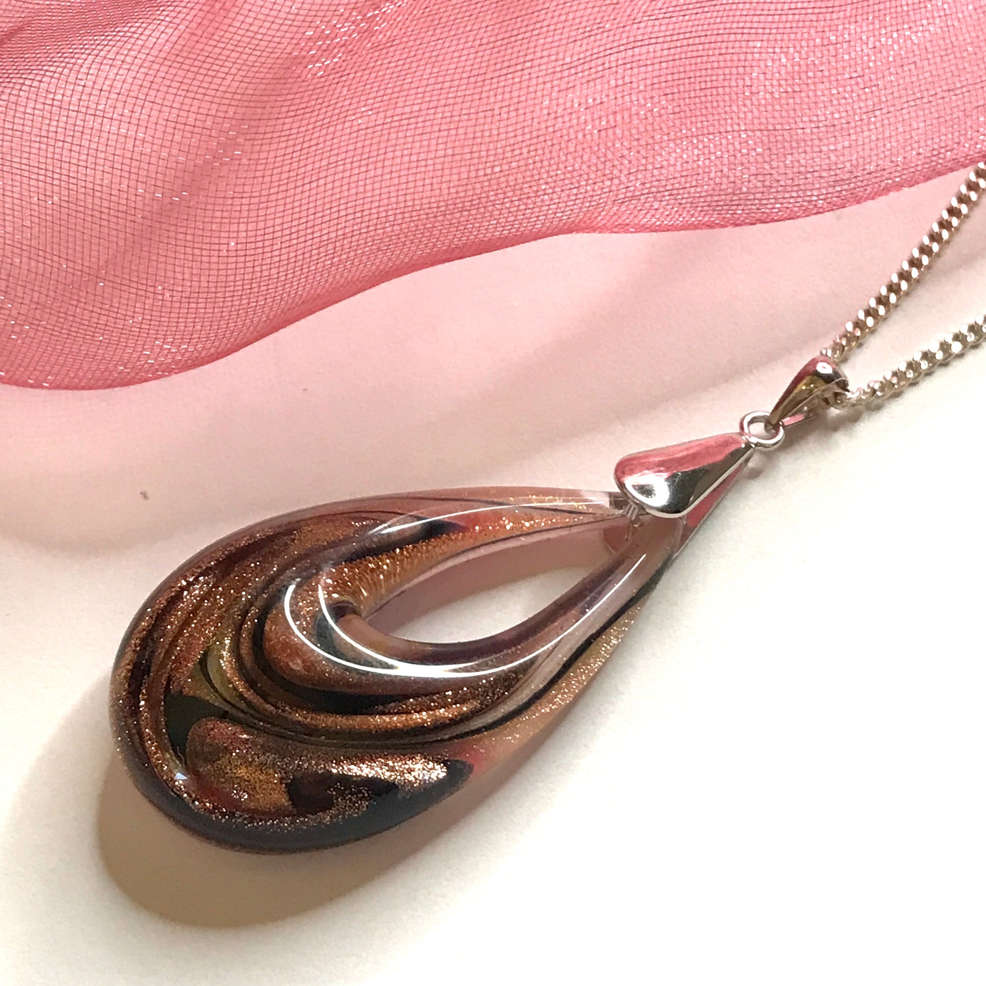 Pink & Copper Real Murano Glass Tear Drop Necklace