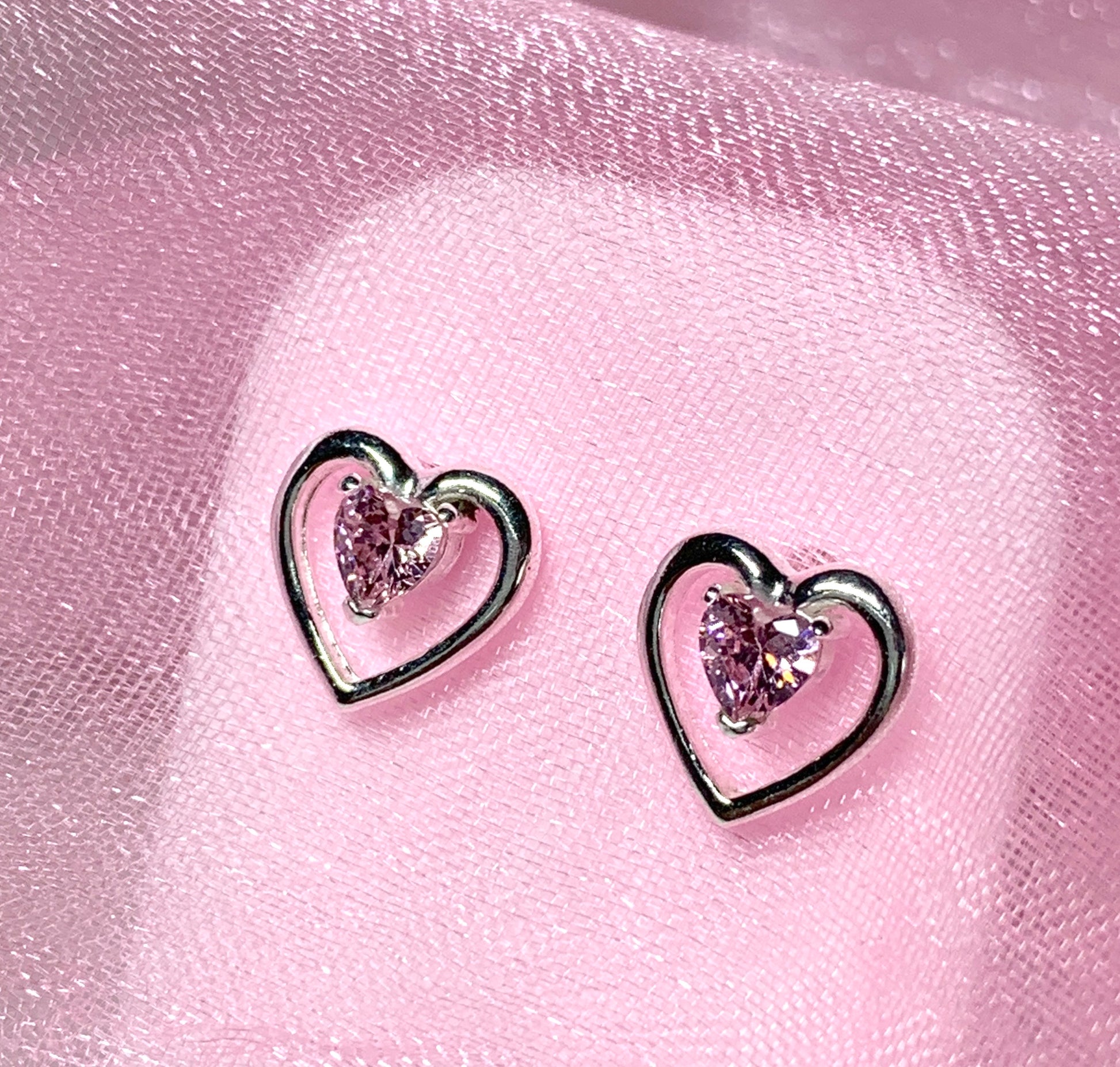 Pink heart shaped stud earrings cubic zirconia sterling silver