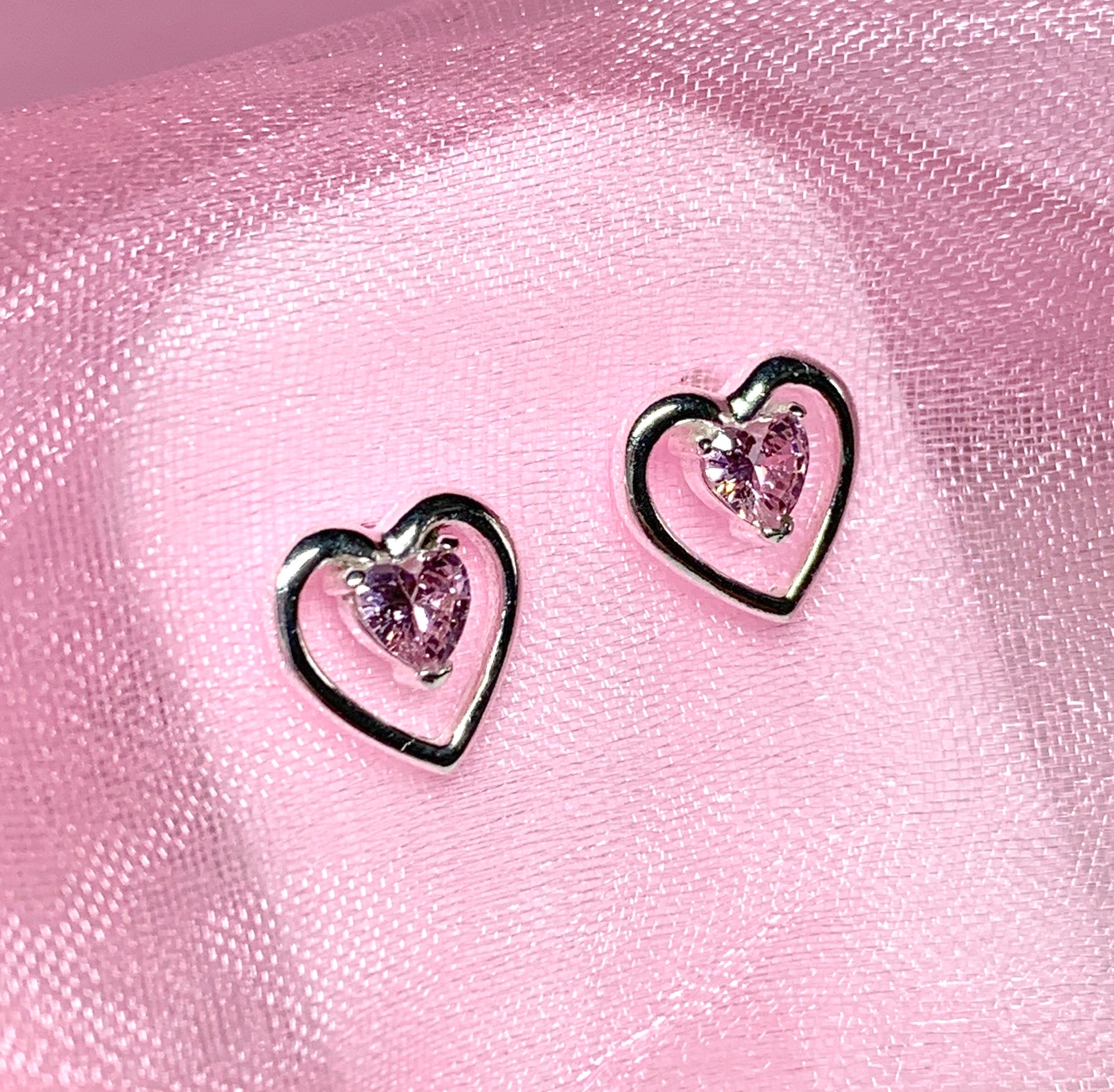 Pink heart shaped stud earrings cubic zirconia sterling silver