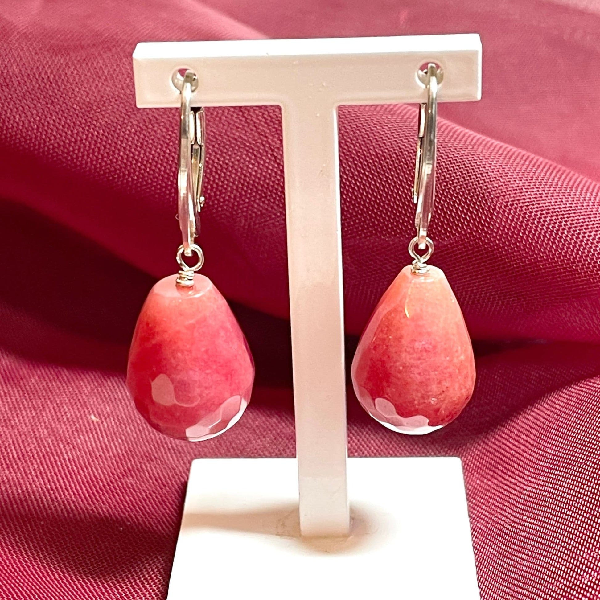 Pink jade teardrop shaped sterling silver drop earrings