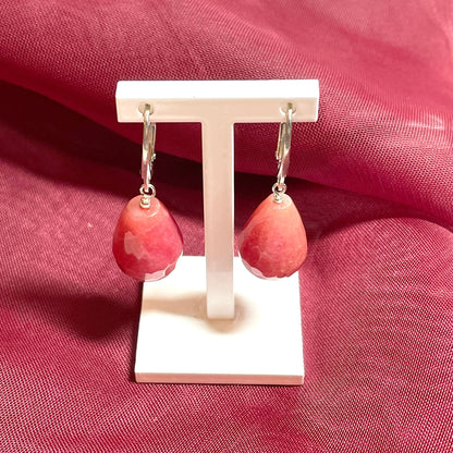 Pink jade teardrop shaped sterling silver drop earrings