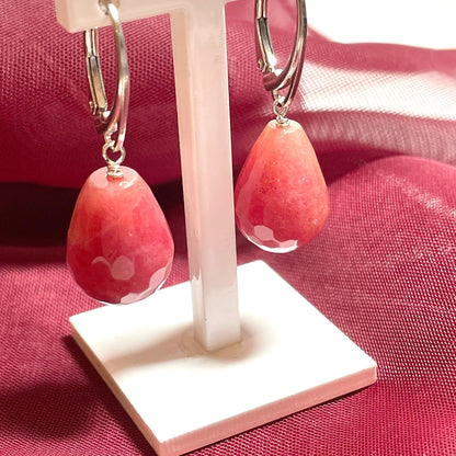 Pink jade teardrop shaped sterling silver drop earrings