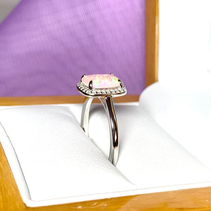 Pink opal ring cluster square sterling silver cubic zirconia