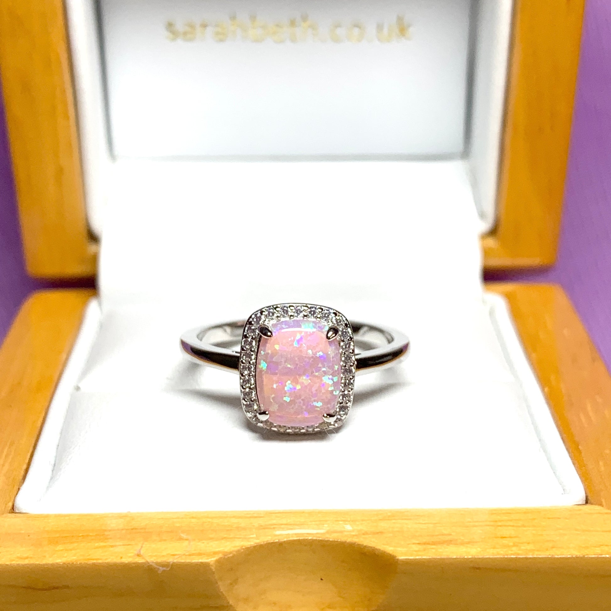Pink opal ring cluster square sterling silver cubic zirconia